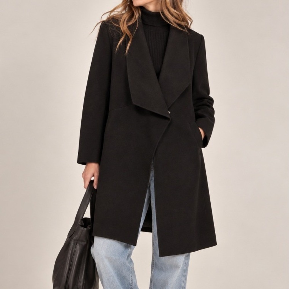 Elie Tahari Wool Coat M Black Minimalist Drape Asymmetrical Luxe Designer Winter